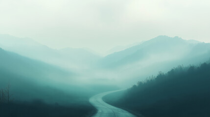 Naklejka premium A foggy road cutting through a mountainous landscape, barely visible in the distance