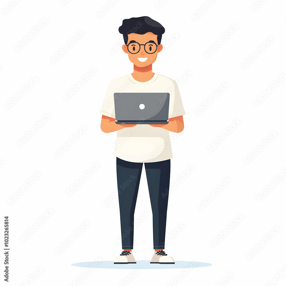 Poster friendly tech support specialist with laptop offering efficient technical assistance on blank backgr
