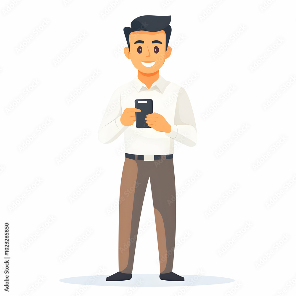 Poster person with phone offering helpful customer guidance on blank background for text and graphics - sym