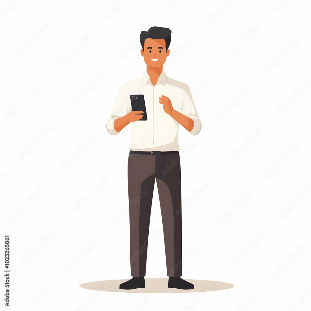 Poster friendly support assistance: person holding phone, symbolizing responsive customer service with blan