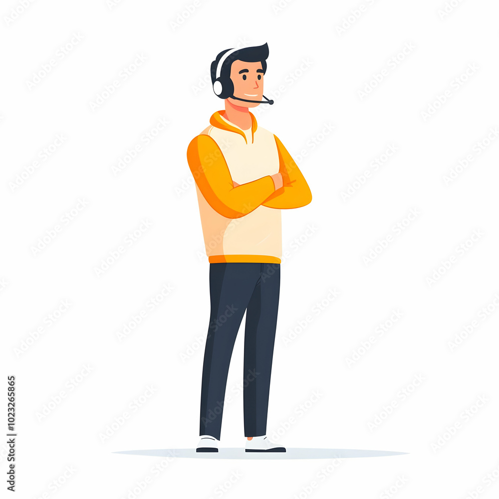 Poster person with headset providing efficient service delivery concept on a minimalistic background for co