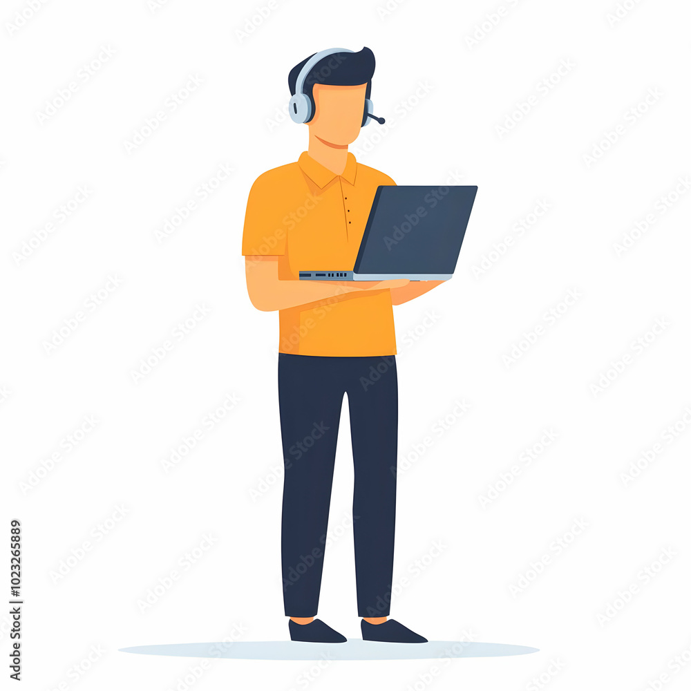 Poster effective technical support: person with laptop offering efficient assistance on a blank background 