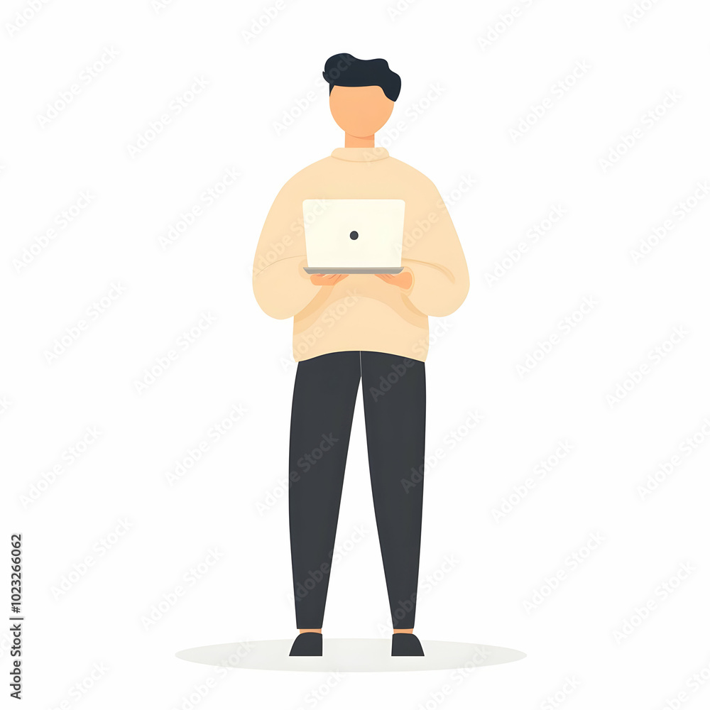 Poster person with coffee cup and laptop in modern office setting - efficient and friendly service concept 