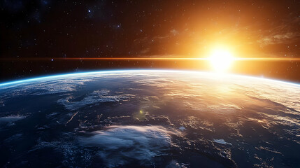 A Stunning View of Earth From Space with the Sun Rising Over the Horizon and Stars in the Background