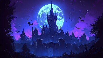 Fototapeta premium A spooky cartoon-style vampire castle with dark stone walls and sharp spires. A full moon glows brightly behind the castle, and bats fly around the towers.