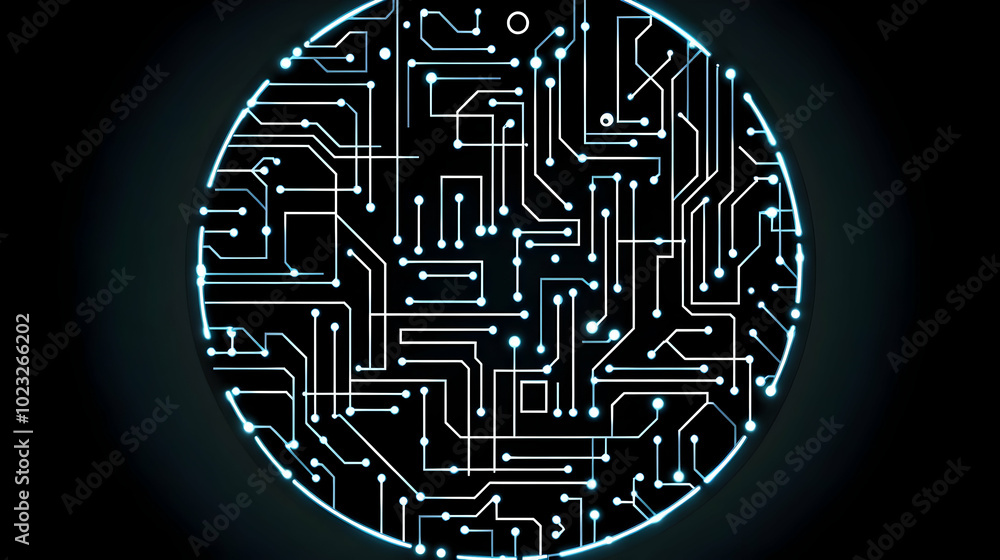 Poster abstract circuit board design with glowing blue lines and nodes on a black background