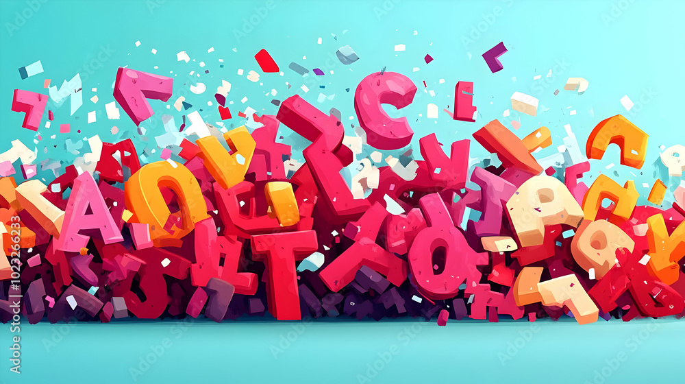 Fototapete 3d colorful letters and numbers falling on a blue background with confetti