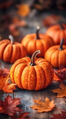 A photograph of pumpkins and autumn leaves on a wooden background, showcasing the beauty of the fall season