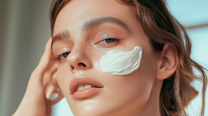 Close up beauty portrait laughing beautiful woman applying face cream make up health spa fresh skin