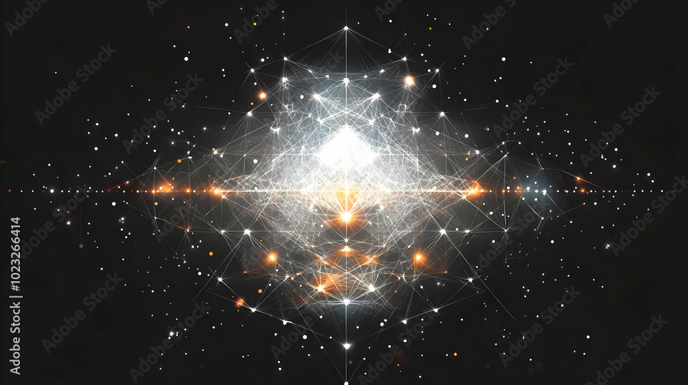 Poster abstract geometric network with glowing white and orange points in a dark background