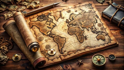 A fantasy map, hand-drawn on a parchment made of cocoa-colored leather, featuring mysterious lands and routes marked in olive green ink, with rusted compasses and beige-cloth bookmarks.
