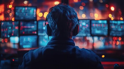Fototapeta premium cybersecurity expert engaged in monitoring network traffic within a hightech security operations center soc showcasing advanced technology and defense against cyber threats