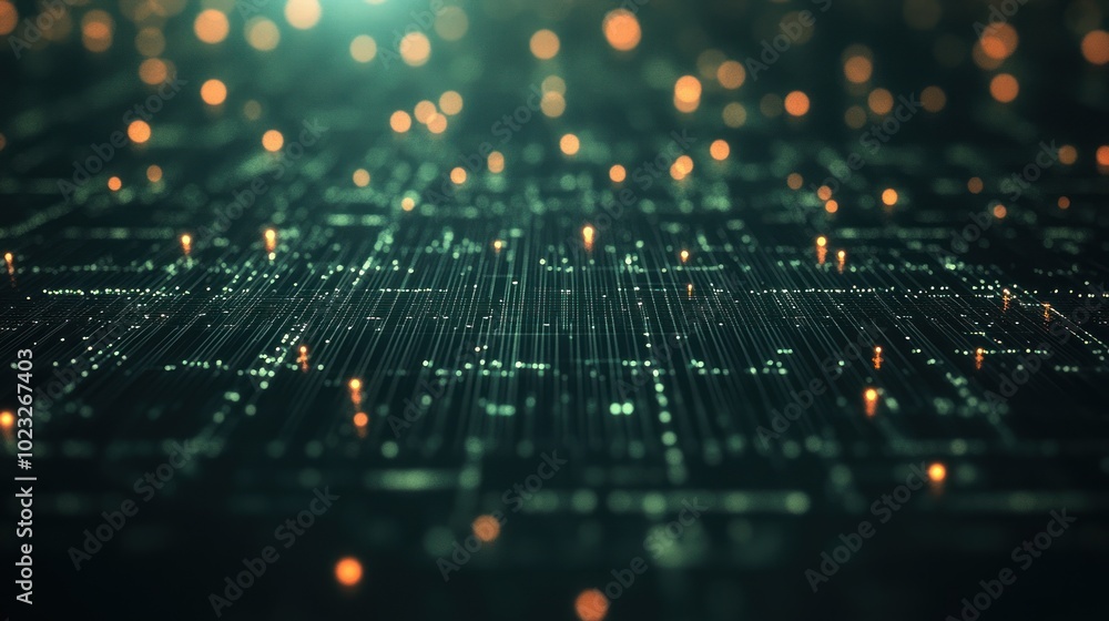 Poster a digital network representation with glowing particles and lines, suggesting technology and data fl