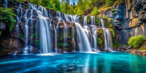 A stunning, aqua blue waterfall cascades down a charcoal-colored cliff face, creating a mesmerizing display of color and contrast.