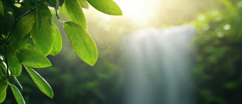 A majestic waterfall bathed in golden sunlight, surrounded by vibrant green foliage, with mist rising in the air, capturing the beauty of nature - Powered by Adobe