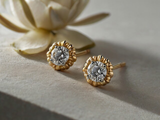 Fototapeta premium a pair of elegant gold earrings adorned with round-cut diamonds.