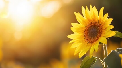 Obraz premium A vibrant sunflower field basking in golden sunlight, with bright yellow petals radiating warmth and positivity in a nature setting