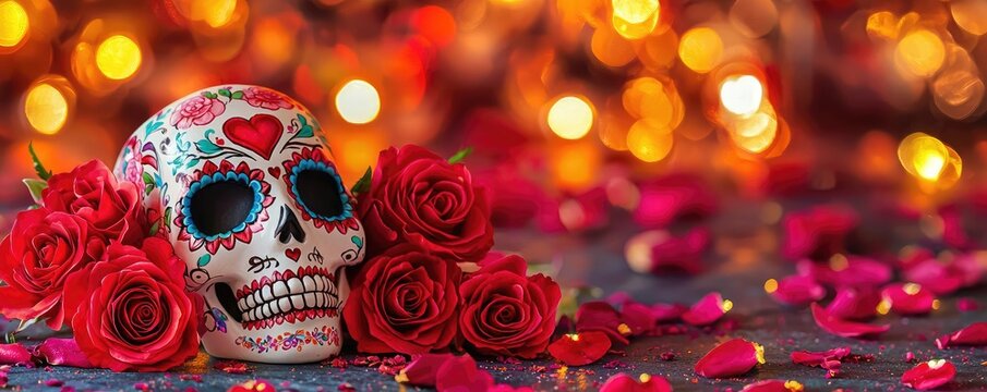 A vibrant sugar skull surrounded by red roses and colorful petals, perfect for celebrating life and honoring loved ones.