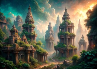 Obraz premium Ancient, ruined cities hidden deep within mystical jungles, where crumbling spires rise in shades of soft peach and aqua