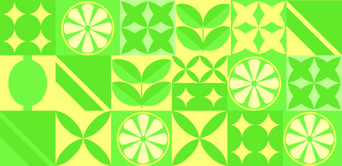 Lemon geometric background. Vector minimalist style pattern. Bauhaus trend. Abstract illustration of lemon, leaves, symbols. Simple icon.
