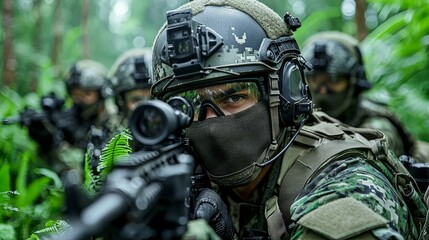 Soldier in tactical gear aiming in dense jungle foliage.