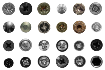 Top view of a neatly laid out collection of heads of screws, bolts and rivets of various shapes and sizes on a transparent background.