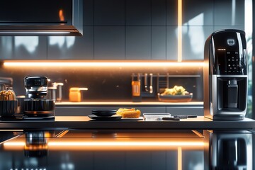 Modern kitchen with sleek design features, illuminated countertops, and elegant appliances for a contemporary cooking experience.