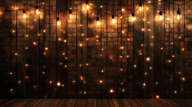 Warm string lights illuminate a rustic brick wall and wood floor, creating a cozy and inviting ambiance.