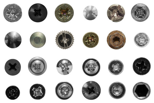 Top view of a neatly laid out collection of heads of screws, bolts and rivets of various shapes and sizes on a transparent background.