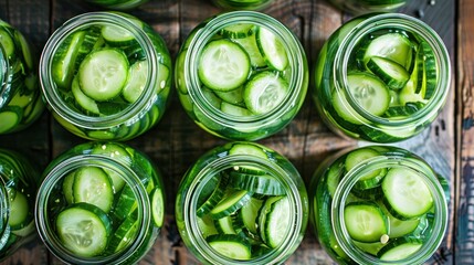 Close-up of Jars Filled with Fresh Cucumber Slices