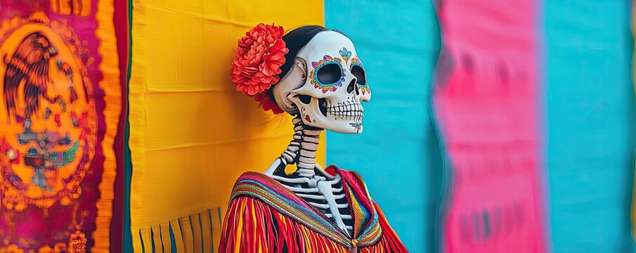 Colorful skeletal figure representing traditional Mexican culture, perfect for themed celebrations and artistic projects.