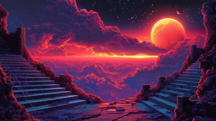 Surreal psychedelic trippy Y2K elements of staircase and portal and column, vector shape. Psychedelic art stairs and podium with planet, ladder and arch in retro surreal illusion Y2K abstract shapes