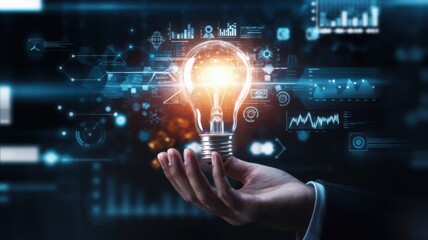 Hand holding a glowing light bulb with digital data graphics in the background.
