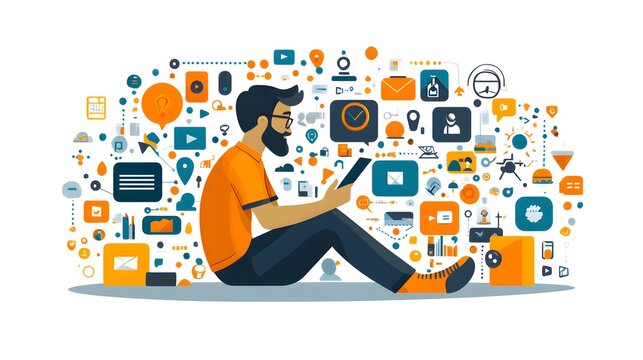 Community manager handling multiple platforms for a brand's online presence for Community Manager Day in flat vector style