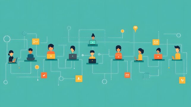 Diverse group of users interacting online led by a community manager for Community Manager Day in flat vector style