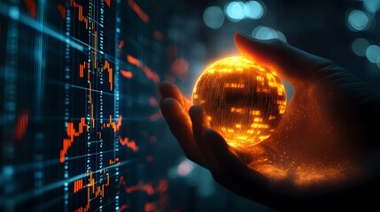 Hand clenching a glowing stock coin with dynamic stock market data flowing