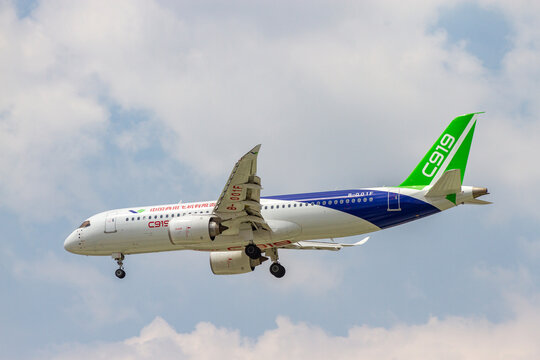 Ho Chi Minh City, Vietnam - February 29, 2024 : A Comac C919 Airplane Operated By Comac (Reg B-001F) Landing At Tan Son Nhat International Airport.