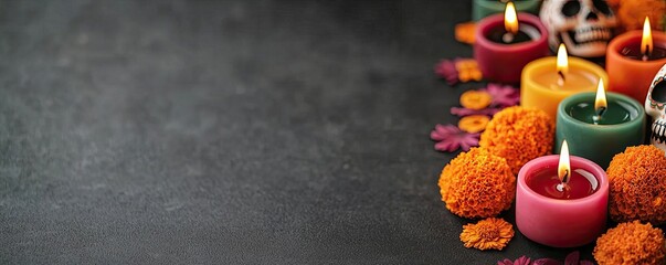 Vibrant candles and marigold flowers create a festive atmosphere, perfect for celebrations and rituals, evoking warmth and joy.