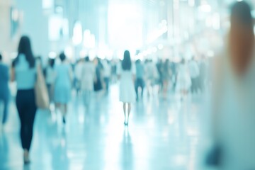 Blurred image of attendees at a trade expo event in a convention center, showcasing a bustling business fair or corporate gathering
