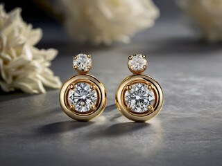 a pair of elegant gold earrings adorned with round-cut diamonds.