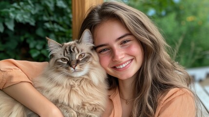 Adorable Fluffy Siberian Cat Resting on Young Woman's Shoulder, Both Smiling Contentedly, A Picture of Pure Happiness and Companionship