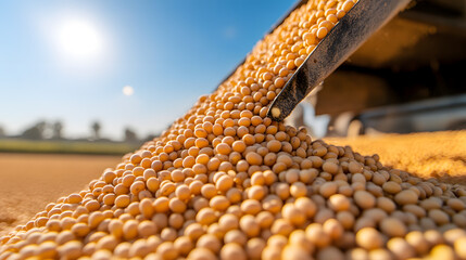 Pouring Soybean Grain into Tractor Trailer After Harvesting – Agricultural Process and Farming Equipment