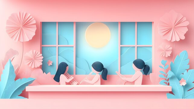 Children learning to play musical instruments in a colorful classroom for International Day of Education in flat vector and papercut style