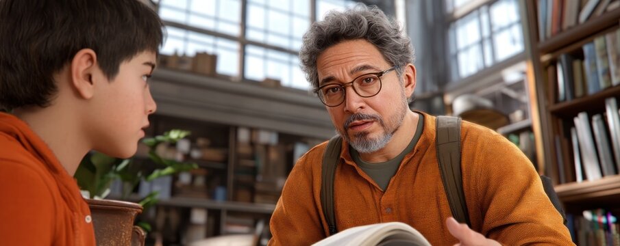 Father and Son Bonding over Books in a Cozy Living Room, A Heartwarming Moment of Togetherness and Shared Interests