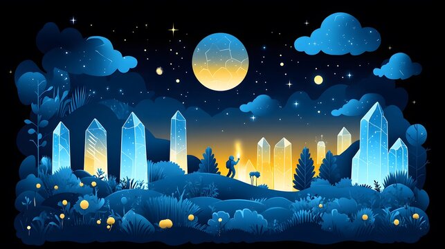 Astronaut exploring an unknown planet with glowing crystals for Science Fiction Day in flat vector and papercut style