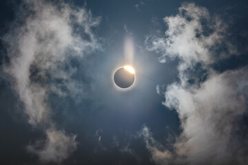 Total solar eclipse of April 8th 2024 with the sun from behind the moon creating a diamond ring...