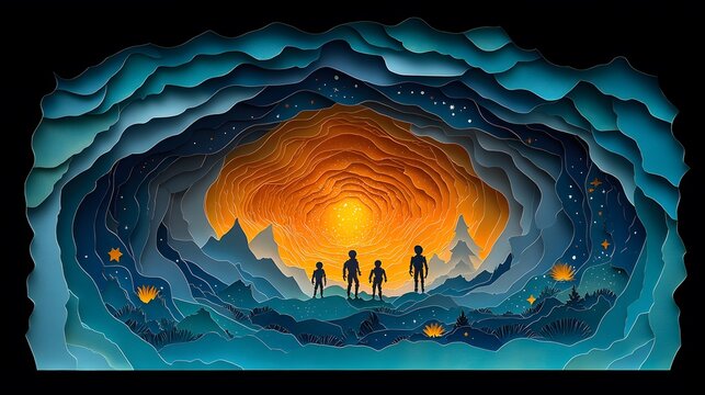 Robots and cyborgs exploring a distant planet for Science Fiction Day in flat vector and papercut style