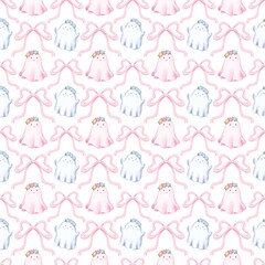 Seamless pattern with watercolor  aesthetic halloween ghost.Hand drawn watercolor. For fabric, packaging paper, scrapbooking.