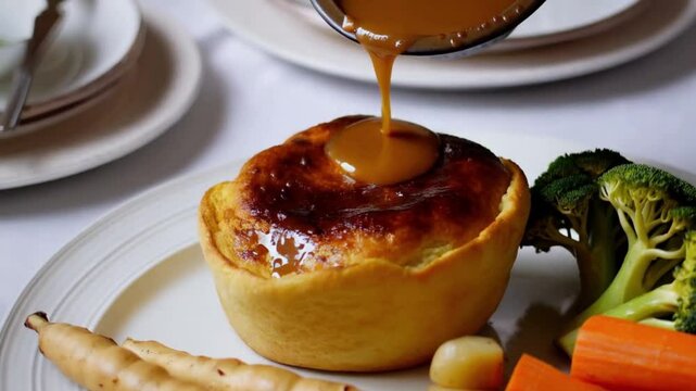 British Roast Dinner Meal with Gravy Beng Poured in Yorkshire Pudding in Slow Motion with Vegetables including Parsnips, Roast Potatoes, Broccoli, Carrots 4K