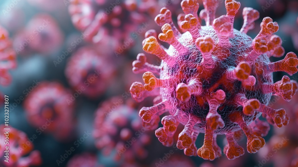 Poster a close up of a virus with pink and red colors